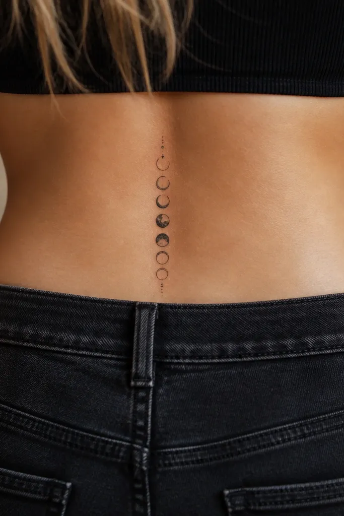 A vertical trio of small moon phases - crescent, half, and almost full - drawn in black and grey wash, placed on the upper glute crease.