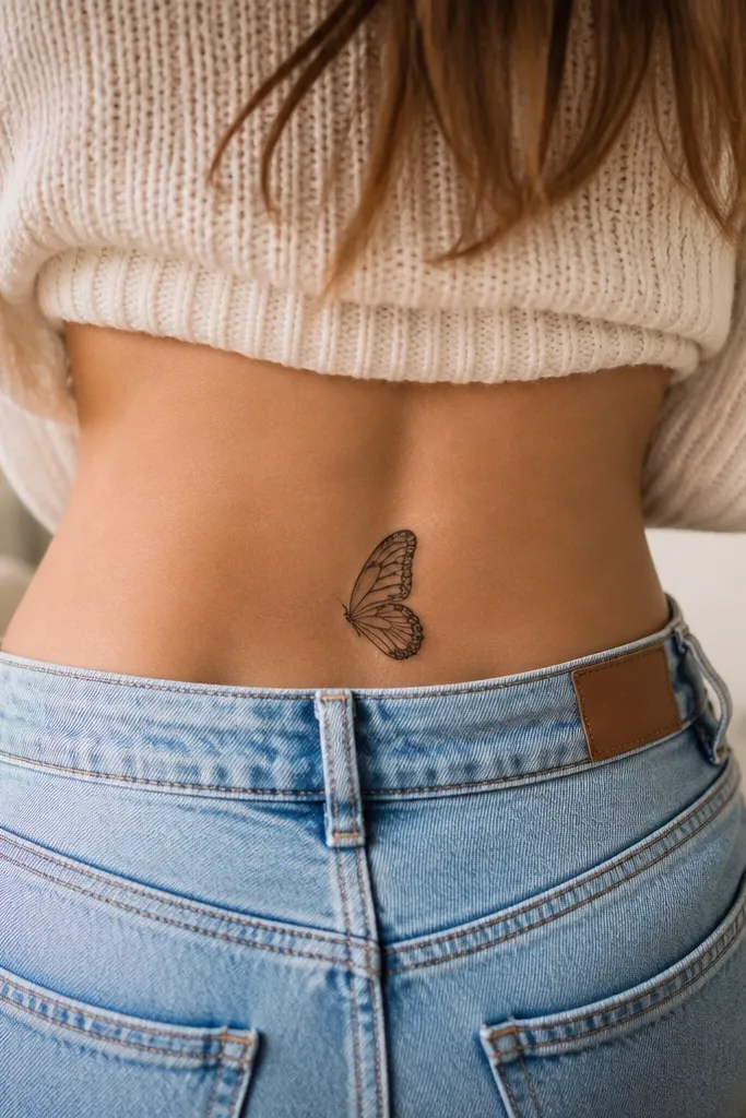A partial butterfly wing pattern in black and grey wash, like a fragment, with delicate internal lines, placed diagonally across the lower hip curve.