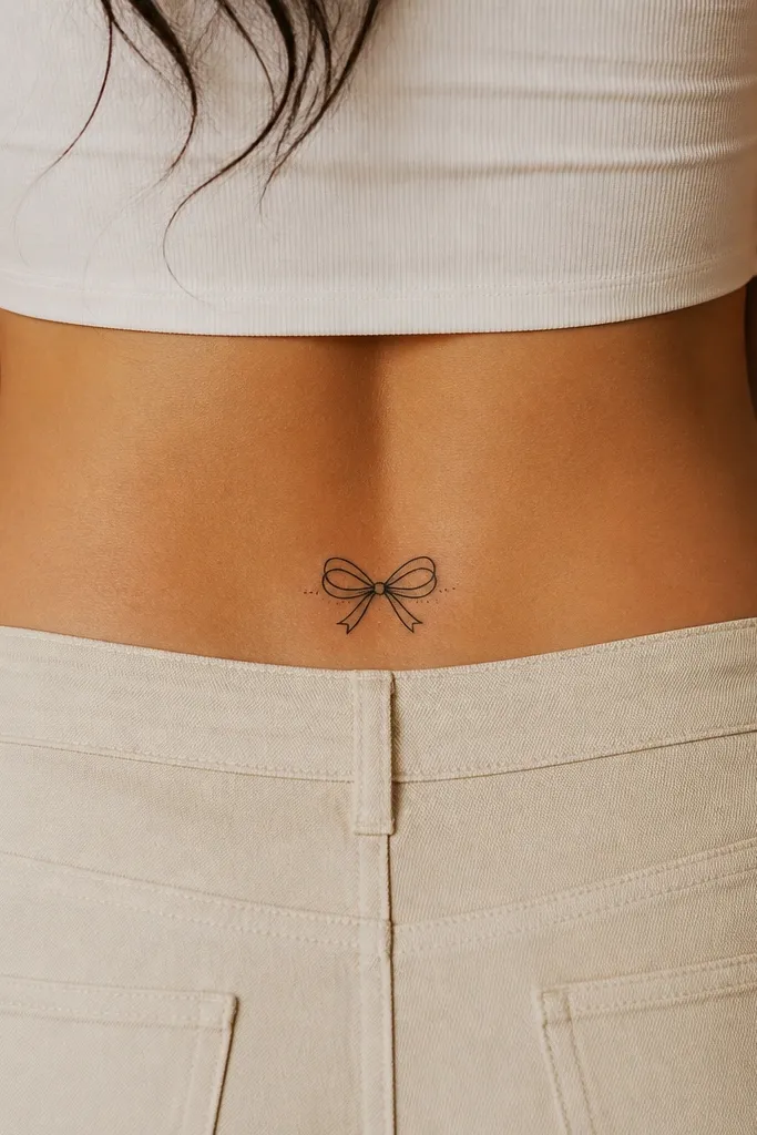 A small ribbon tied in a bow, black linework with grey wash shadows under the ribbon folds and a few dot highlights near the knot, placed on the upper glute crease.