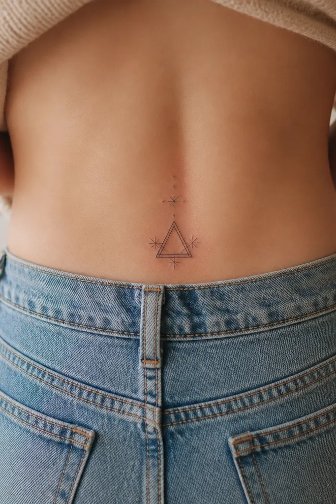 A small geometric triangle in black outline with faint grey shading, surrounded by 3-4 tiny star dots, placed along the side of the upper glute crease.