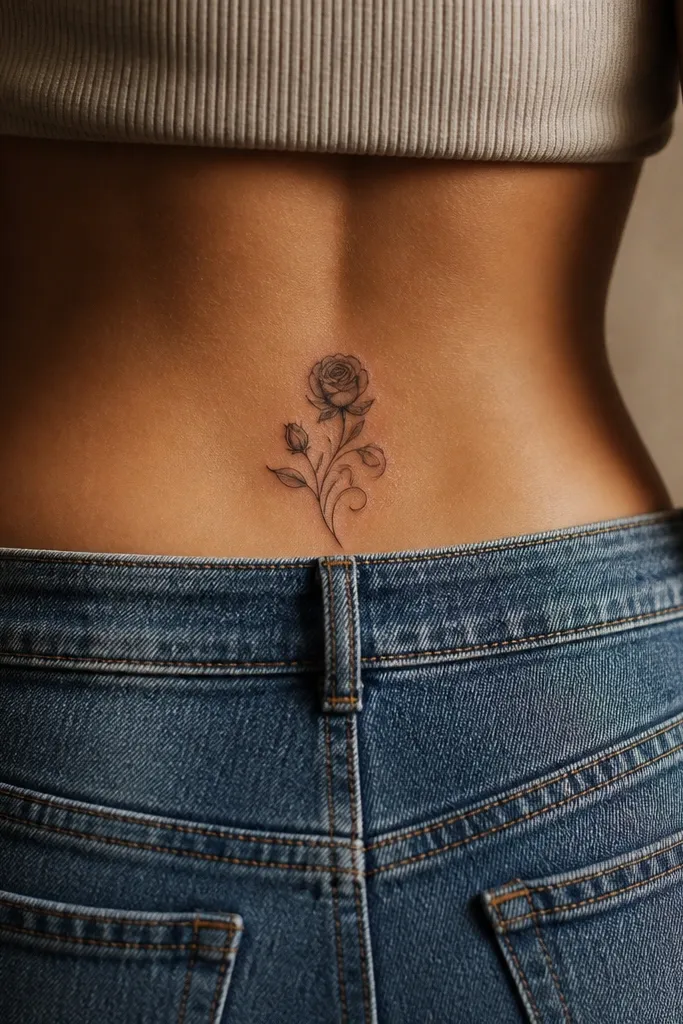 A tiny rose with one bud and a thin vine line wrapping around the base, black ink with grey wash shading, placed on the lower hip curve.