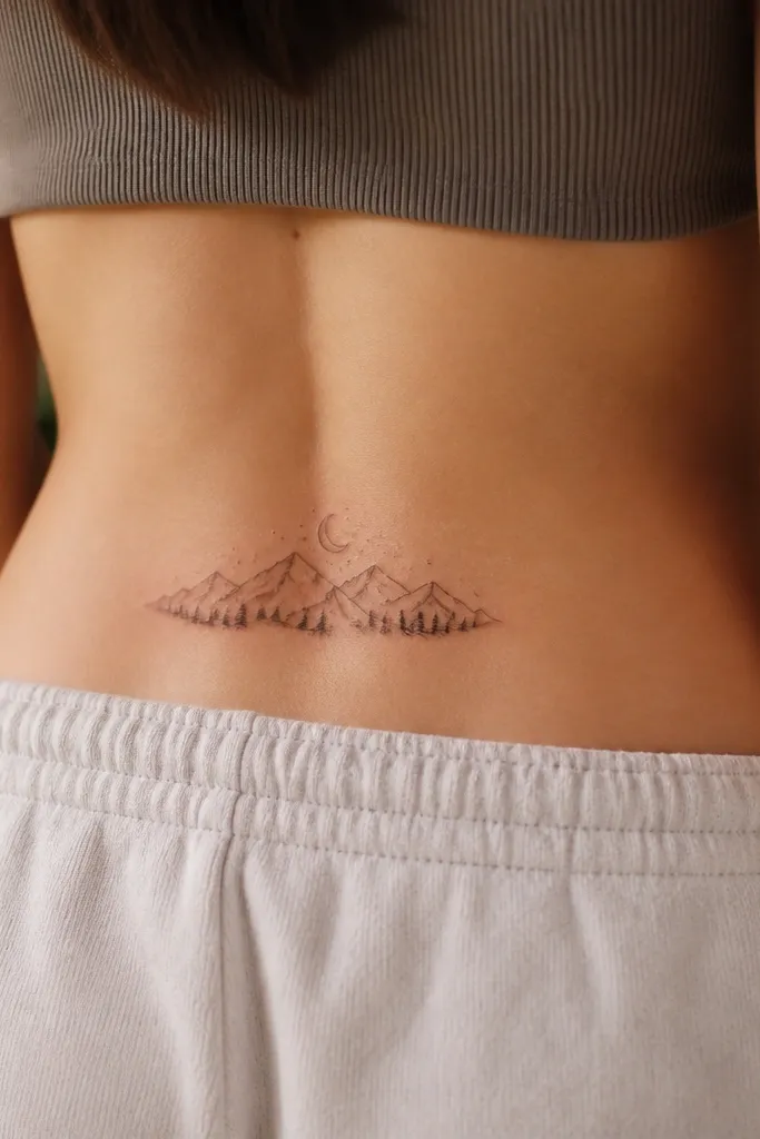 A tiny mountain silhouette in black with a small crescent moon above it, and thin contour lines inside the mountains in grey, placed on the upper glute crease.