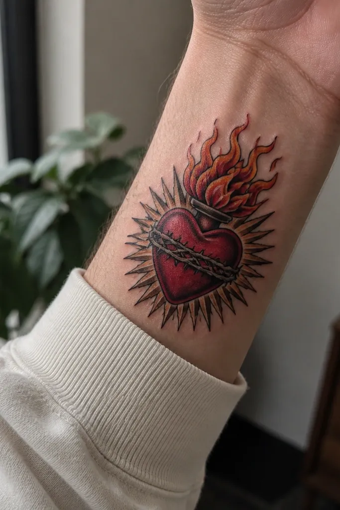 A red heart with realistic flames and soft golden glow rays