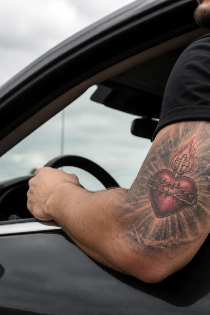 Sacred Heart over a cross with gray smoke shading around the edges