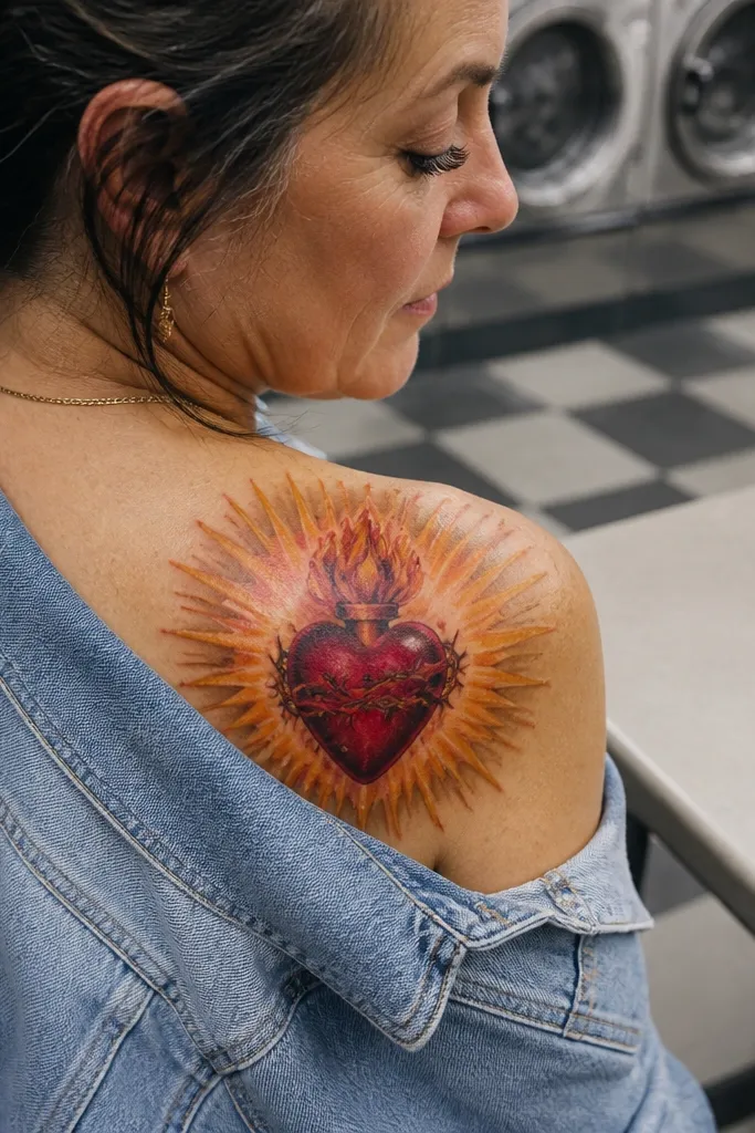 A realistic red heart with watercolor-like gold and red bleed rays