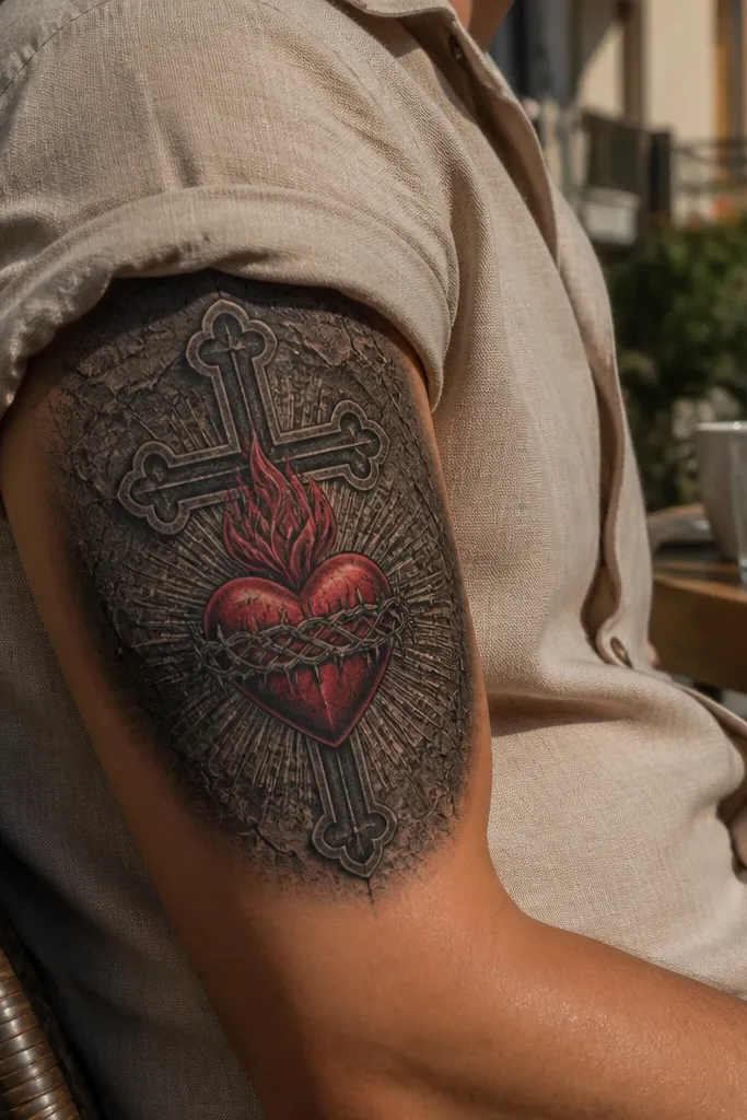 A red Sacred Heart with fine engraved linework on a cross