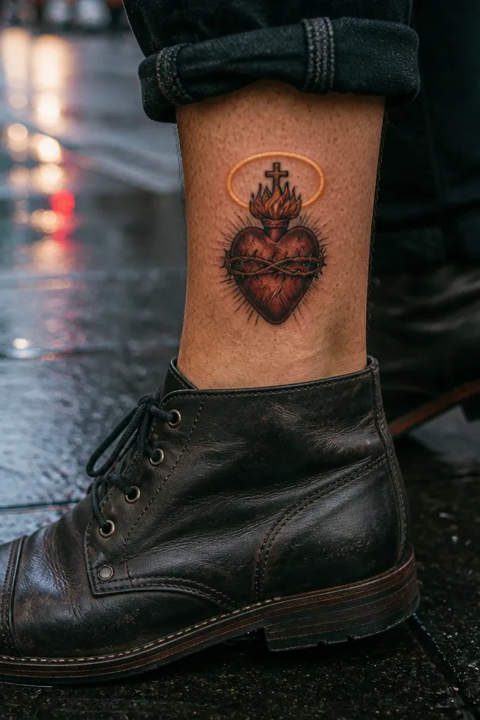 A red Sacred Heart inside a glowing gold halo ring