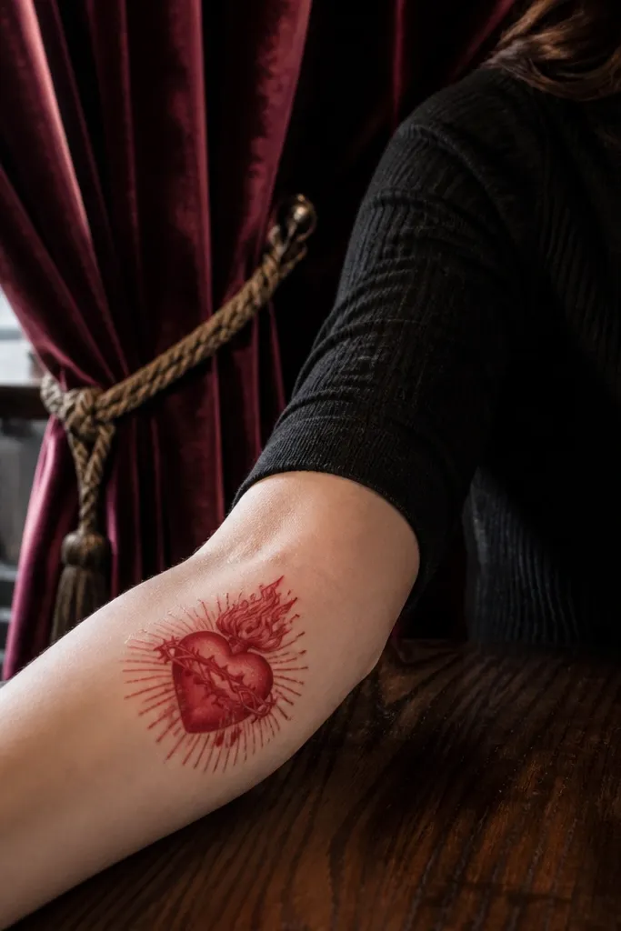 A realistic Sacred Heart with dark red velvet folds behind it
