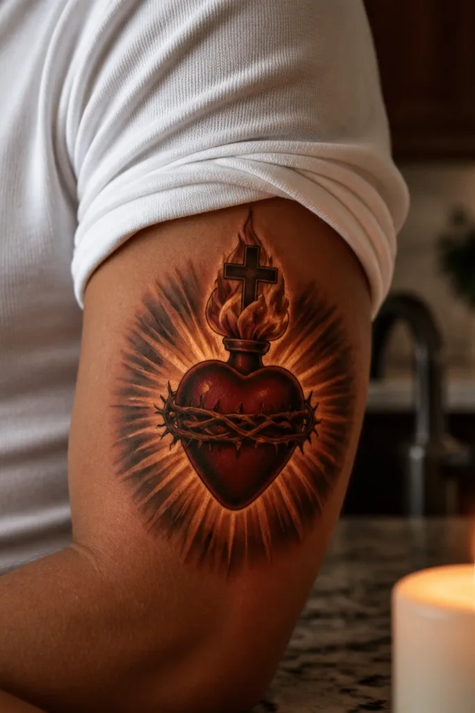 Sacred Heart with candle-like flames and warm light on surrounding rays