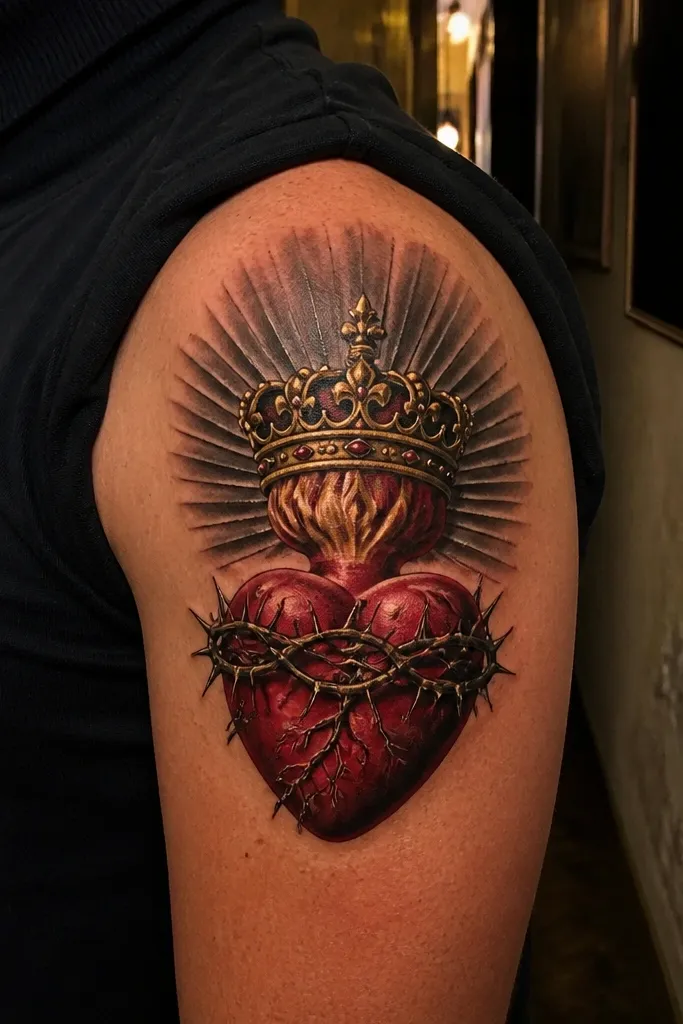 Sacred Heart under a realistic crown with tiny bright highlights