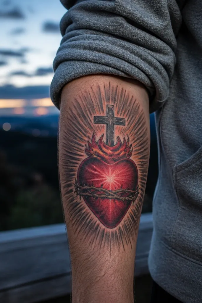 Sacred Heart with cross and a bright radiant burst of rays