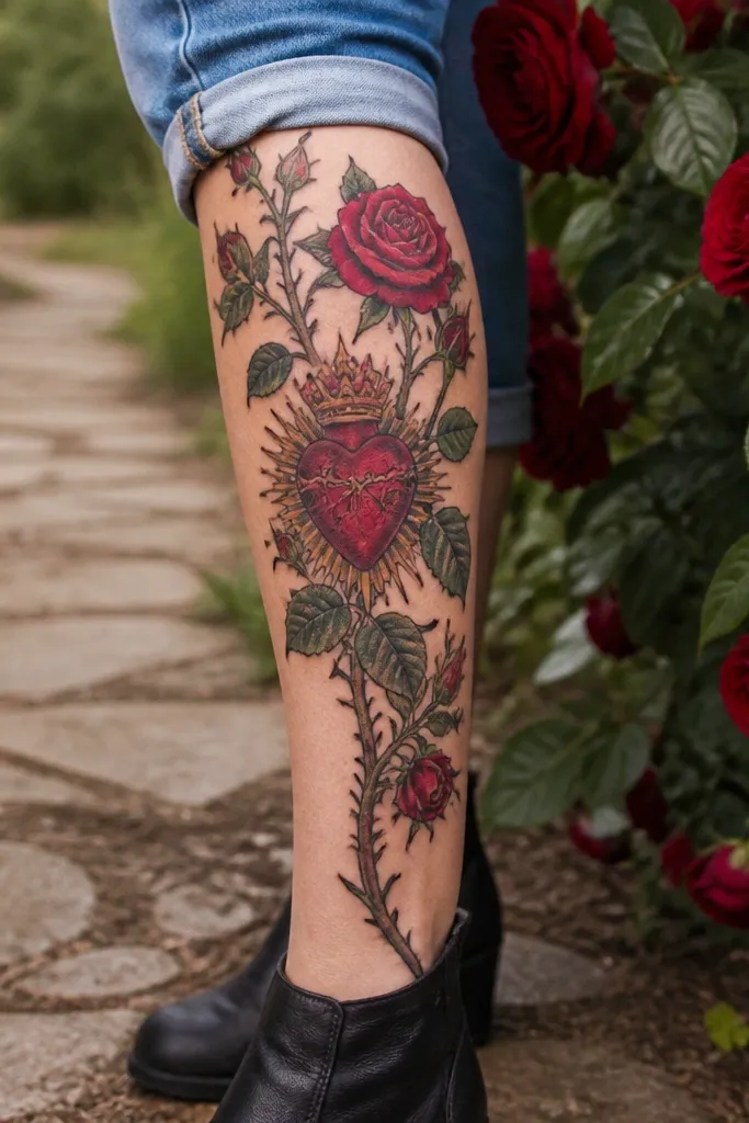 Sacred Heart centered with realistic thorns and rose stems around it
