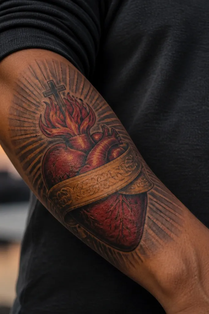Sacred Heart with a glowing banner across the bottom and subtle rays