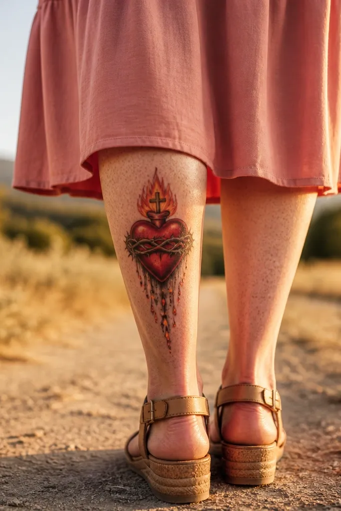 Sacred Heart with glowing ember specks drifting downward