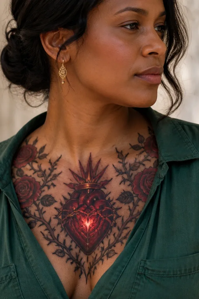 Sacred Heart with dark rose vines and subtle red glow highlights
