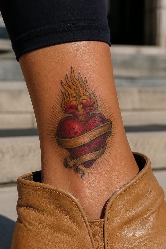 Sacred Heart with a realistic ribbon banner and small gold accents