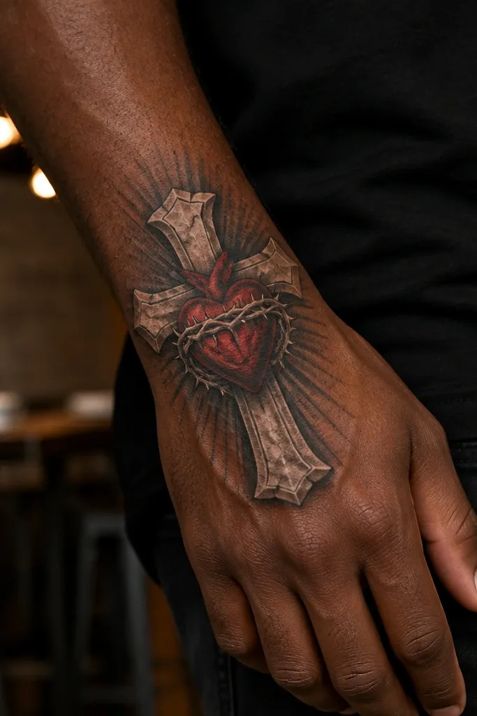 Sacred Heart with a marble-textured cross and realistic shading