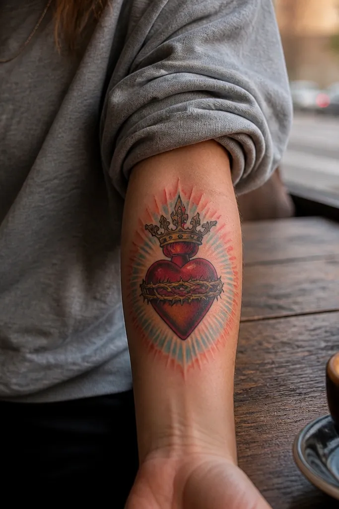 Sacred Heart with a realistic multi-color aura glow behind it