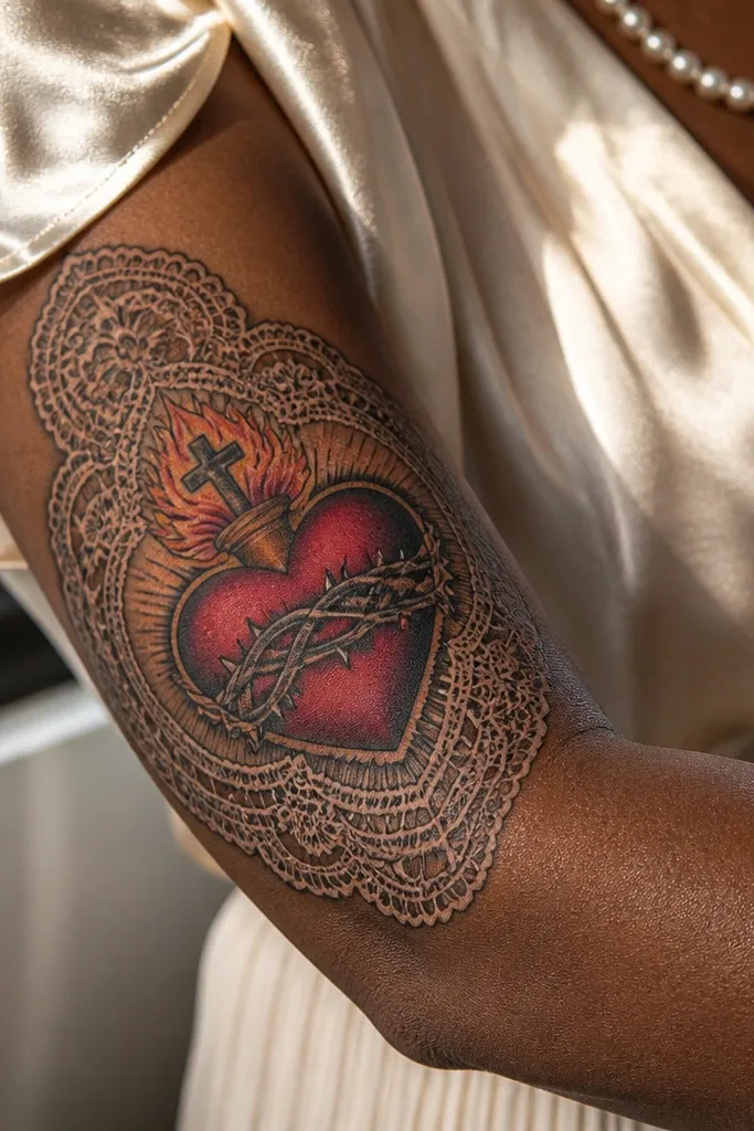 Realistic Sacred Heart with lace-like frame and soft shaded depth