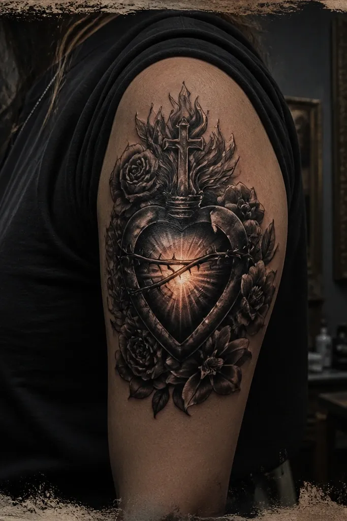 Black-and-gray sacred heart with wet-look paint frame and soft vignette