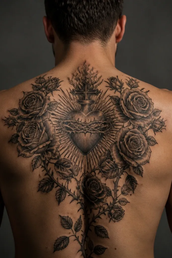 Sacred heart above a rose cluster with thorns wrapping down the back