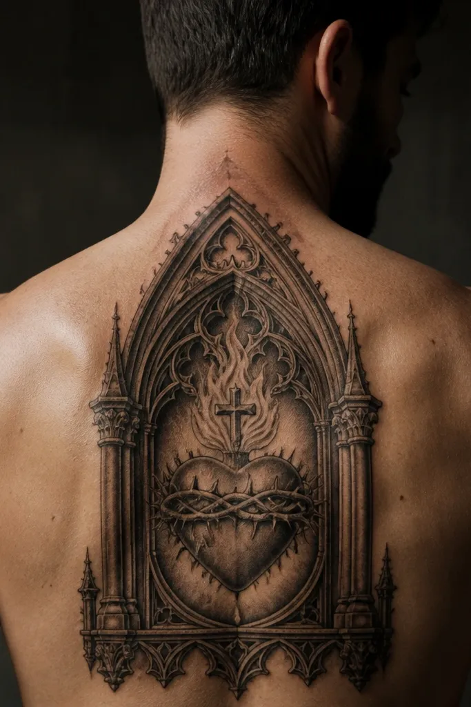 Sacred heart centered inside a tall gothic arch on the back