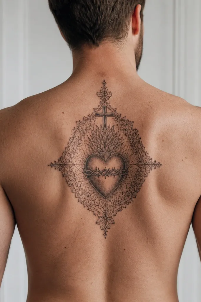 Delicate outline Sacred Heart with light lace-like shading and rays