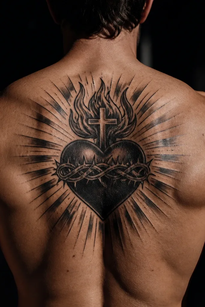 Bold black-filled Sacred Heart with sharp negative-space rays
