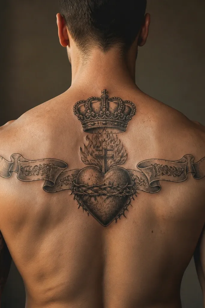 Sacred Heart with a crown and a banner spanning the upper back