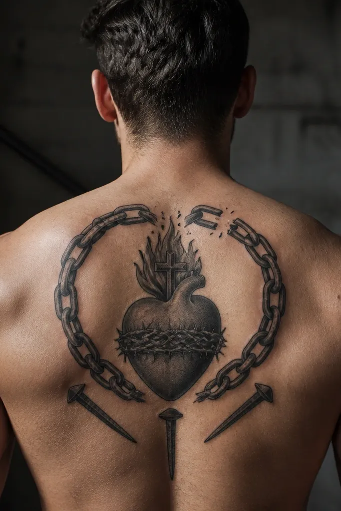 Sacred Heart with broken chain links and nail shapes below