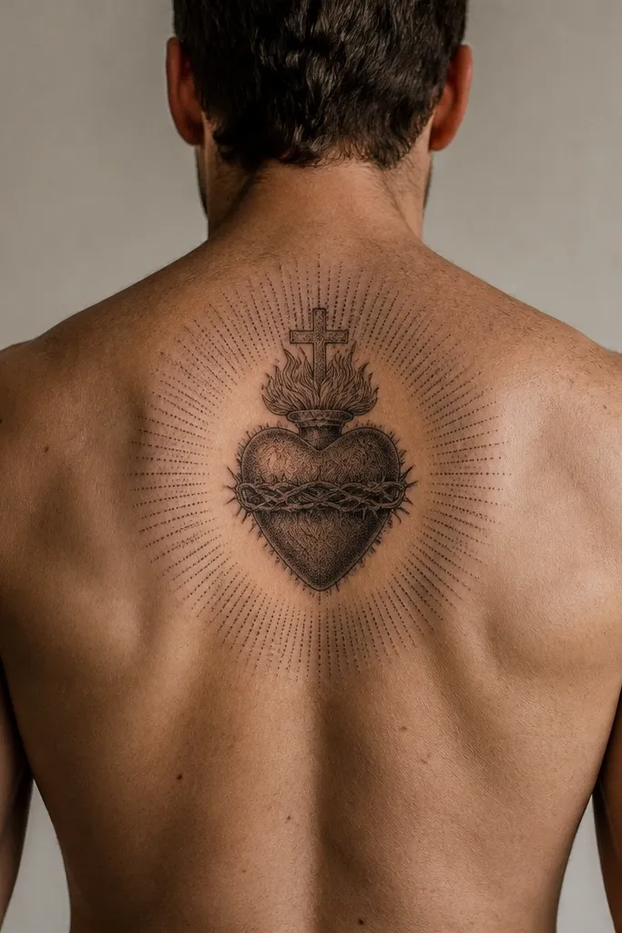 Sacred Heart with dotwork rays and stippled shadowing on the back