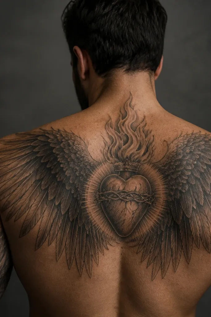 Sacred Heart centered with wing-like rays extending toward both shoulders