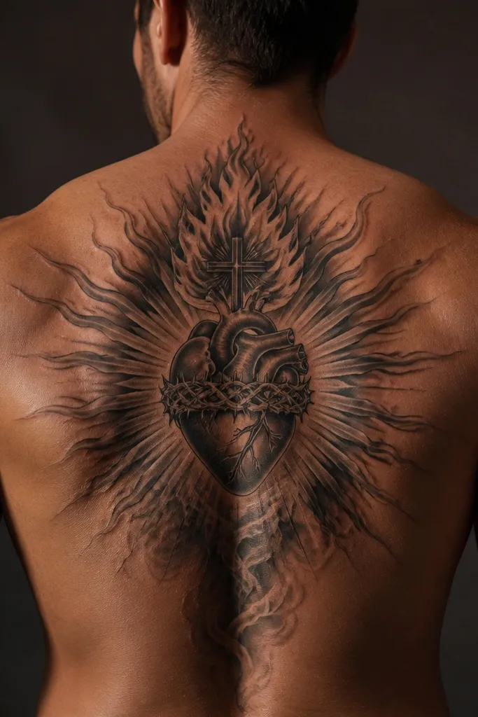 Sacred Heart with flame-shaped rays and a soft smoky grey base