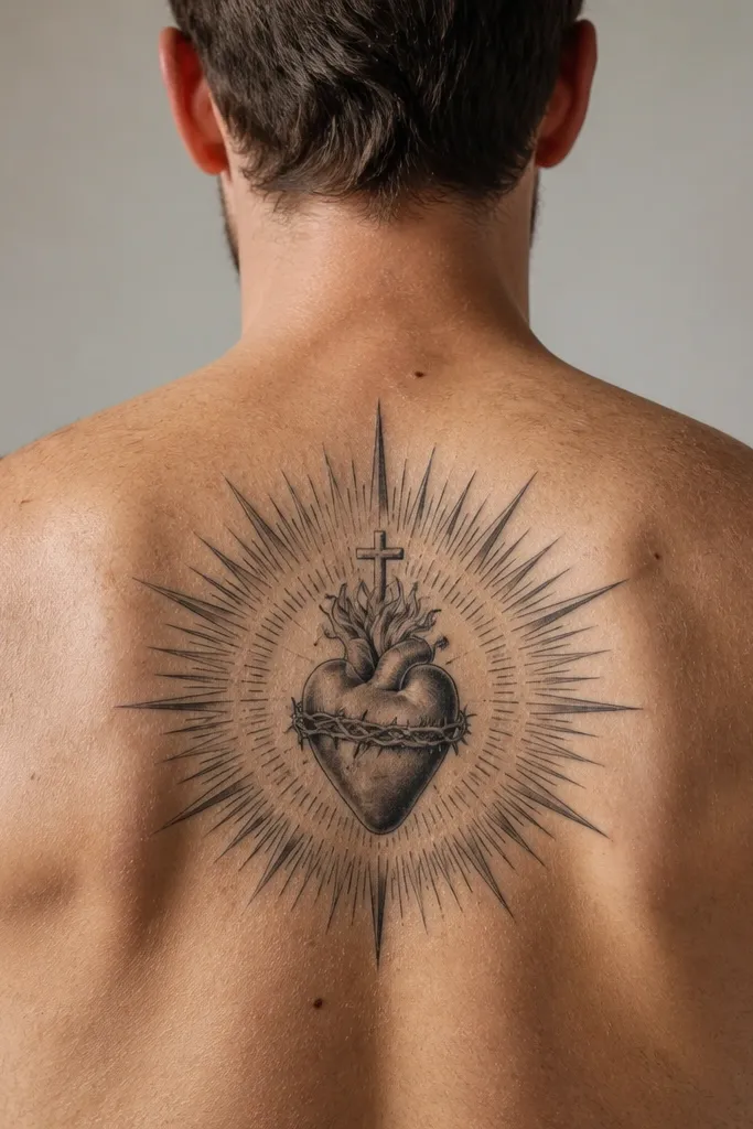 Sacred Heart with a sunburst halo radiating behind it