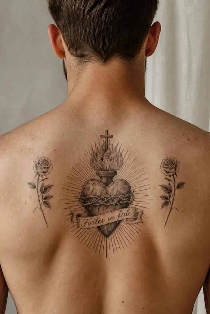 Sacred Heart with a short script banner and small rose accents