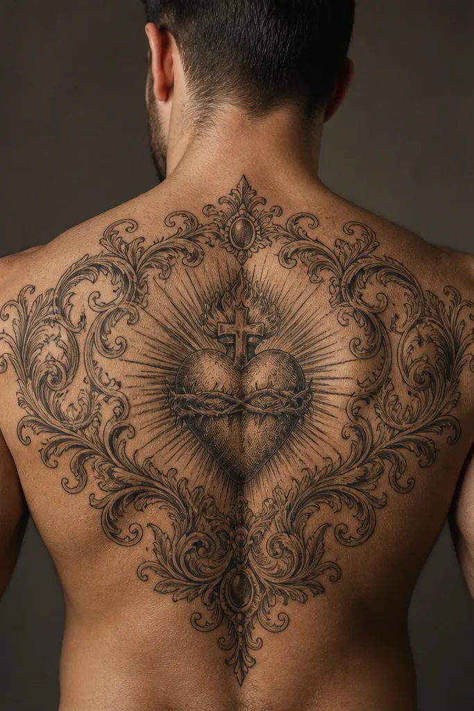 Sacred Heart surrounded by a decorative filigree border on the back