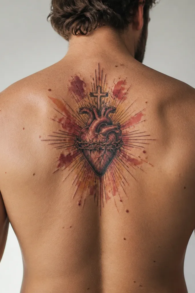 Sacred Heart with soft watercolor-like rays in red and gold tones