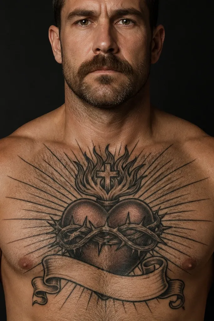Traditional red heart with a cross, thick black rays, and a curved banner on the chest.