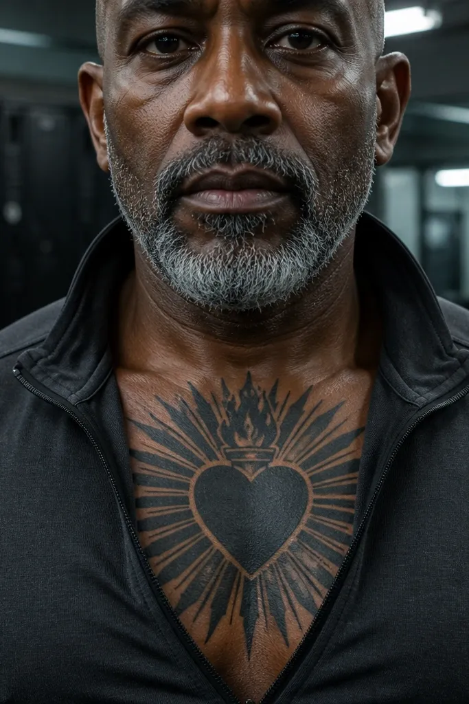 Black ink heart with a cross and sharp rays made from empty space on the chest.