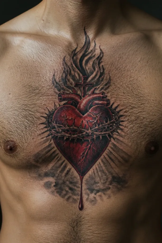 Red heart with subtle drip lines and faint gray smoke around a small cross.