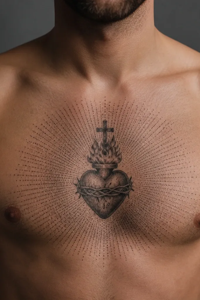 Dotwork heart with a cross and halo rays made of dense dots on the chest.