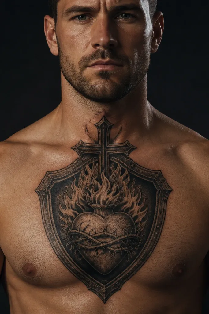 Sacred heart inside a shield outline with a cross at the top on the chest.