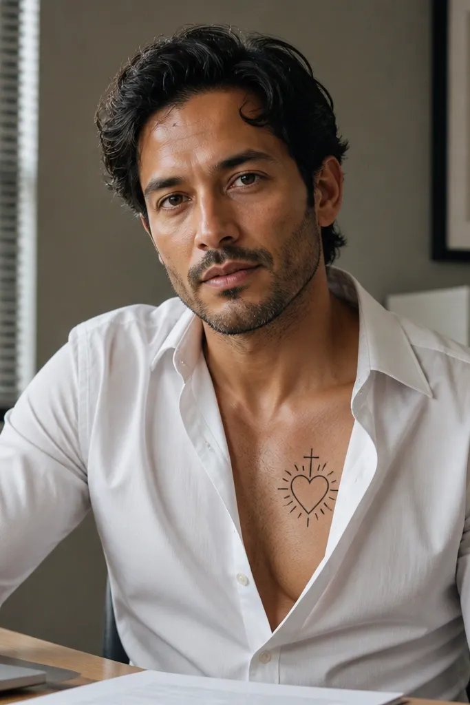 Small line-drawn heart with a simple cross and short rays on the chest.