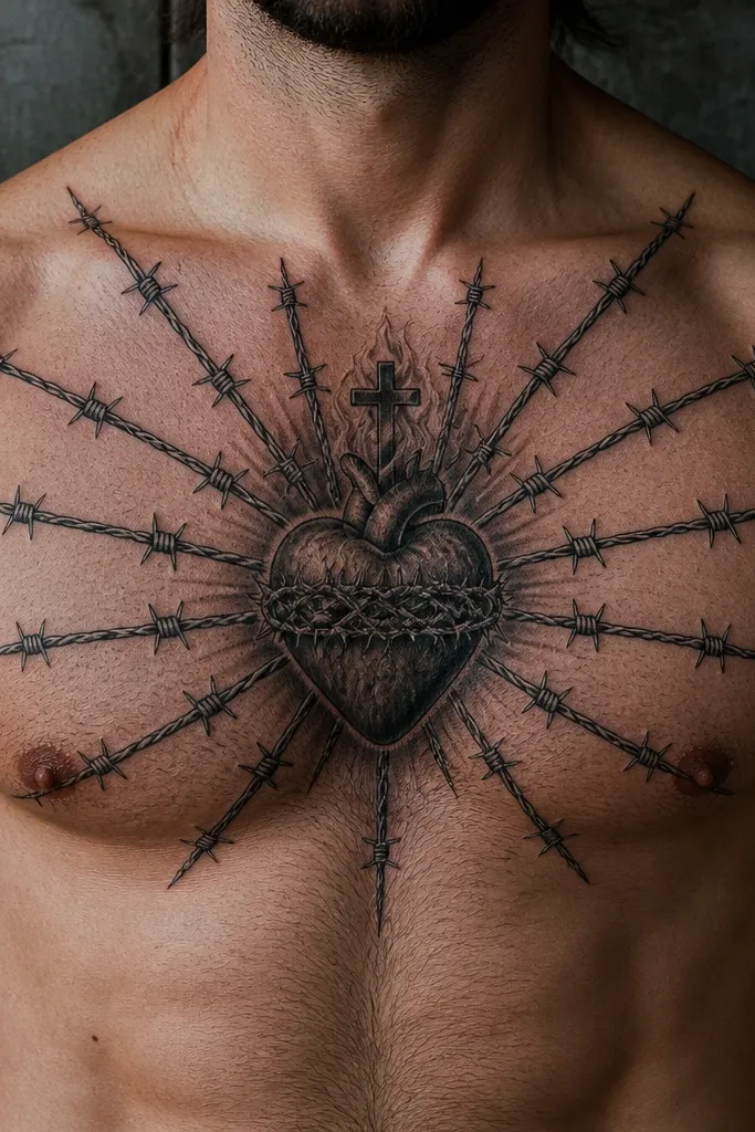 Sacred heart with a cross, rays shaped like barbed wire spirals on the chest.