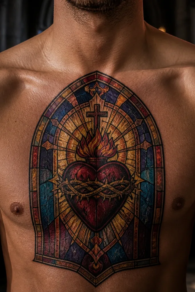 Sacred heart with cross, filled with stained-glass style color blocks and black lead lines.
