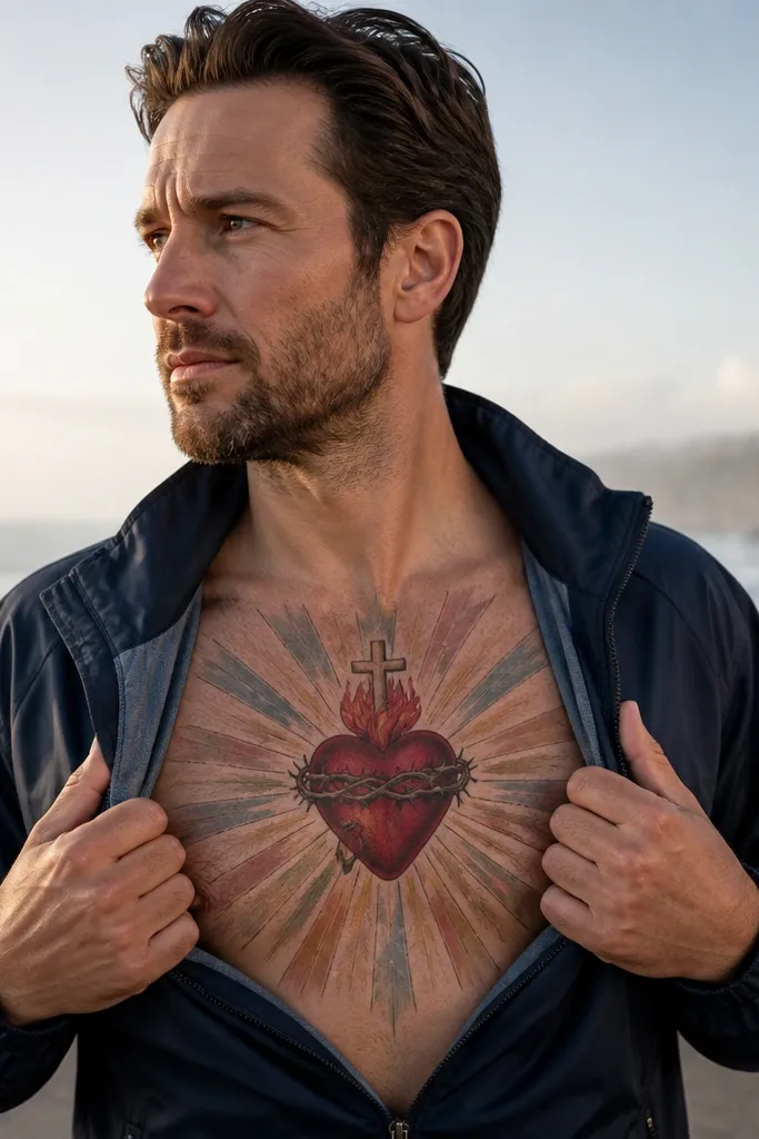 Red heart with a cross and watercolor wash rays spreading softly across the upper chest.