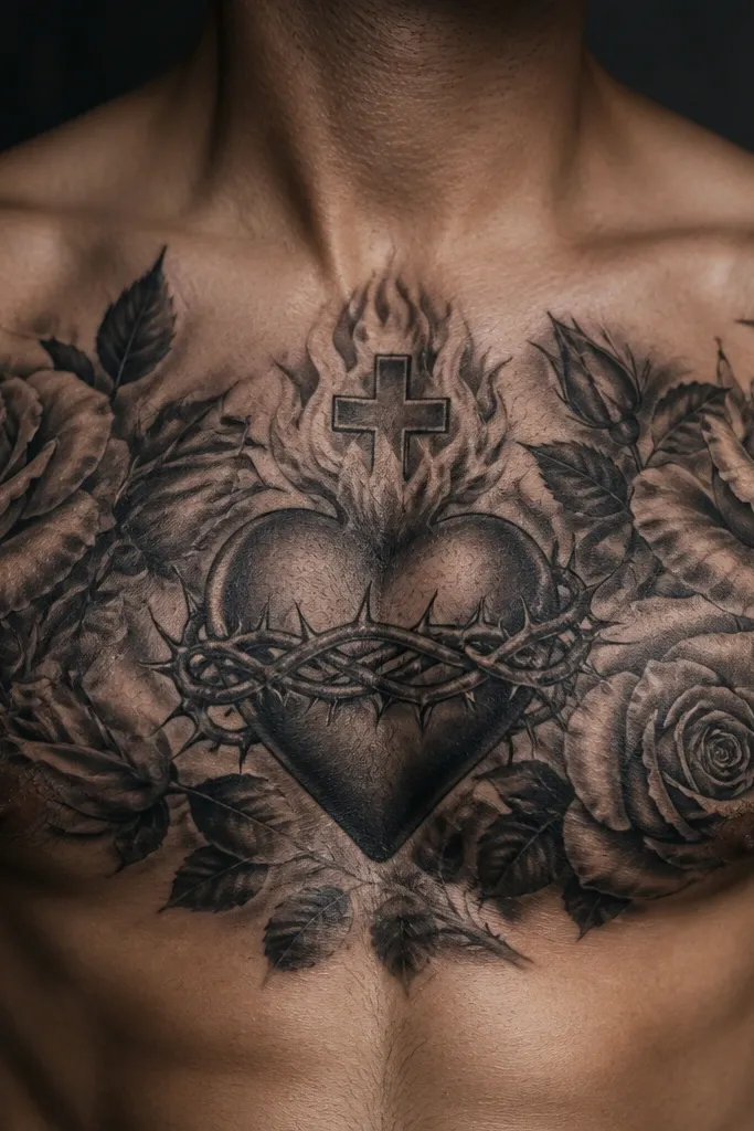 Black and grey Sacred Heart with roses and thorns on the chest.