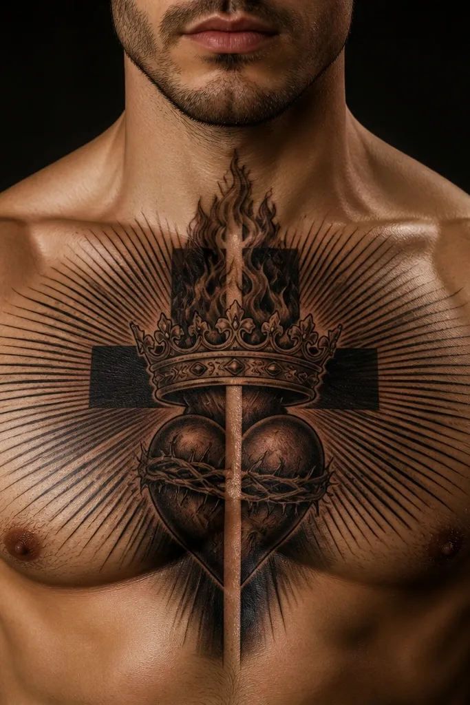 Sacred heart with a crown above and a split cross design on the chest.