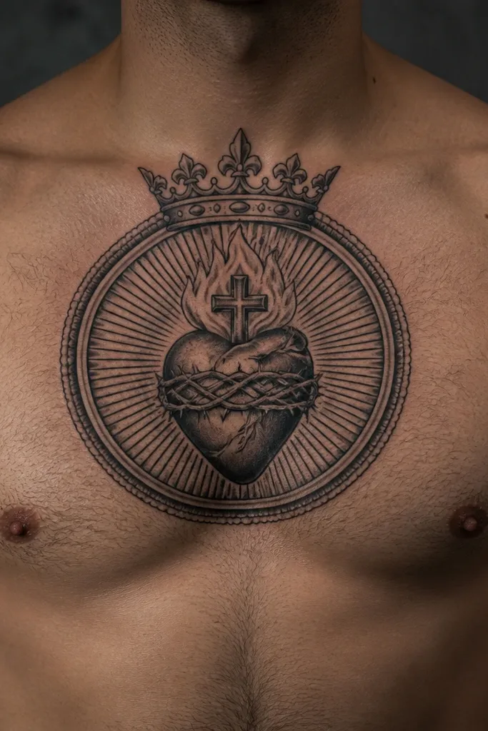 Sacred heart with cross, inside a thin halo circle and subtle crown marks on the chest.