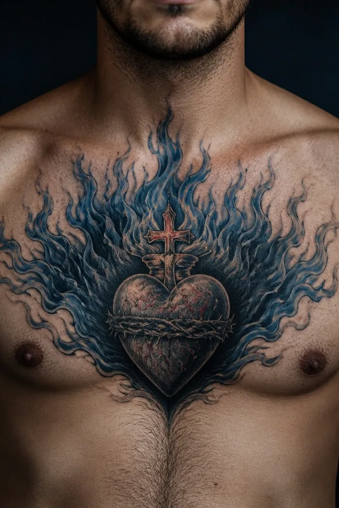 Red heart with cross surrounded by blue-black flame shapes and dark rays on the chest.
